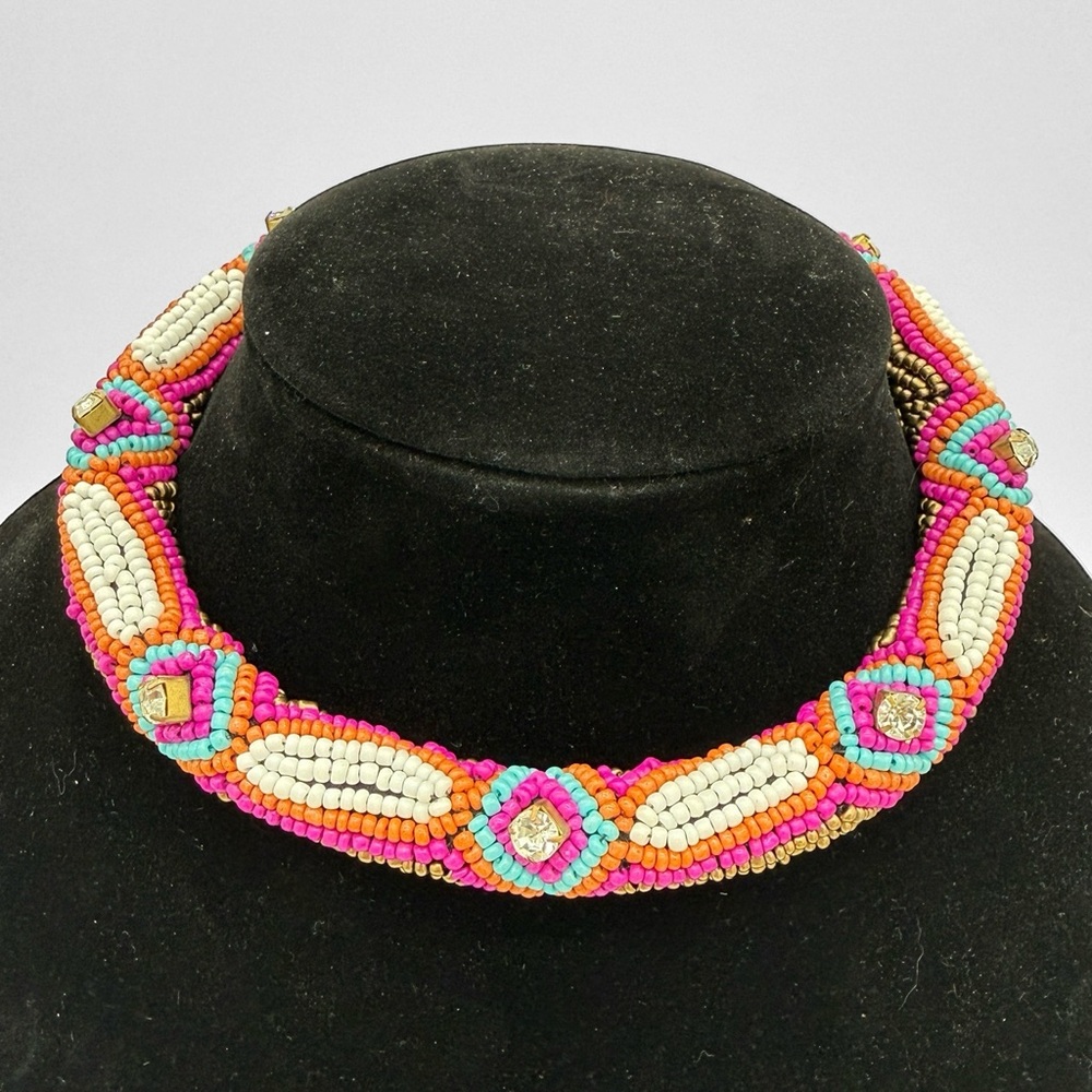 Beaded Tube Choker Necklace w/ Rhinestones- Pink, Turquoise, Orange & White